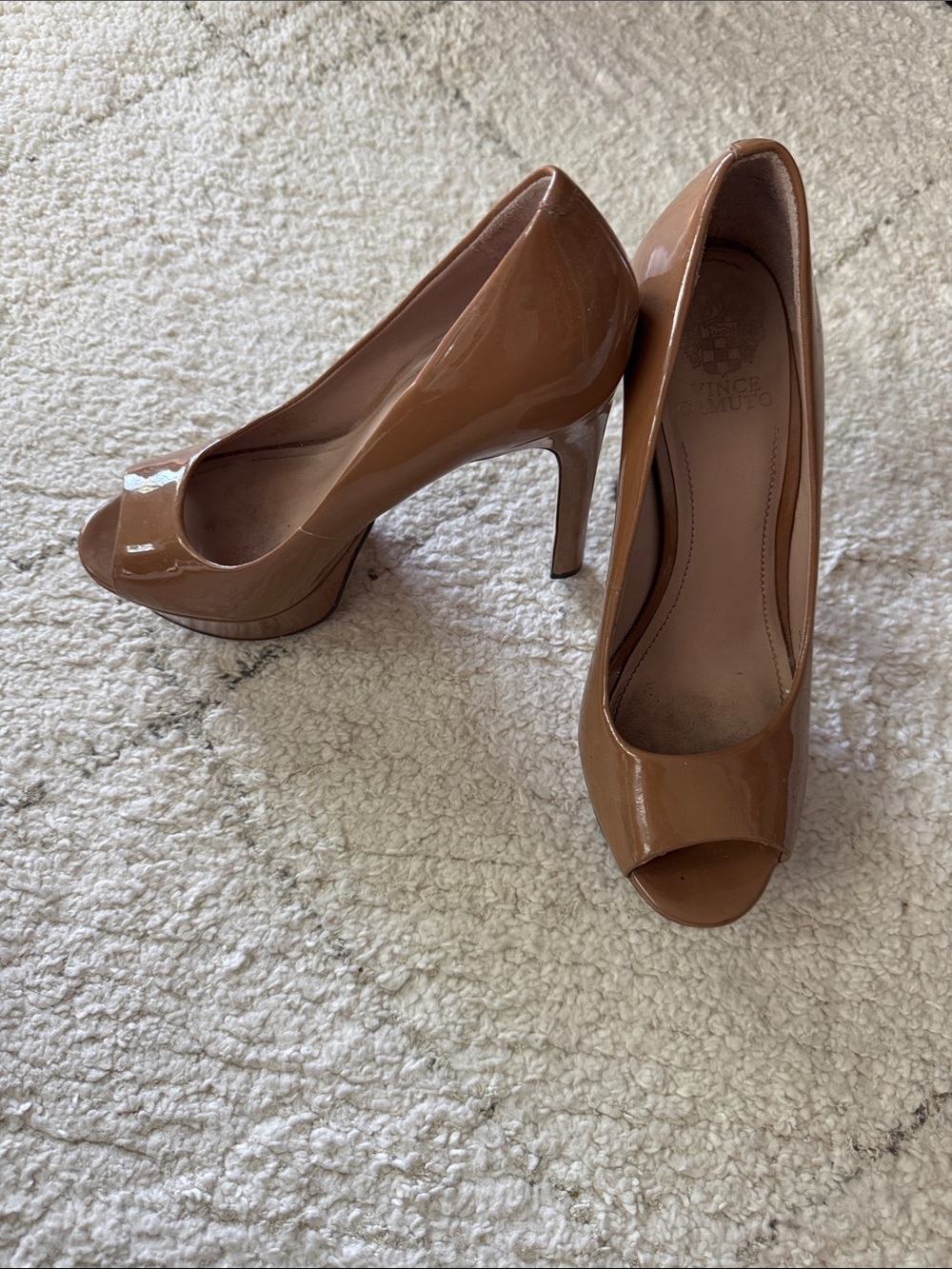 Vince Camuto Tan Patent Leather Peep-Toe Pumps